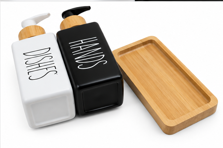 Set de 2 Dispensadores de Jabón con Bandeja de Bambú